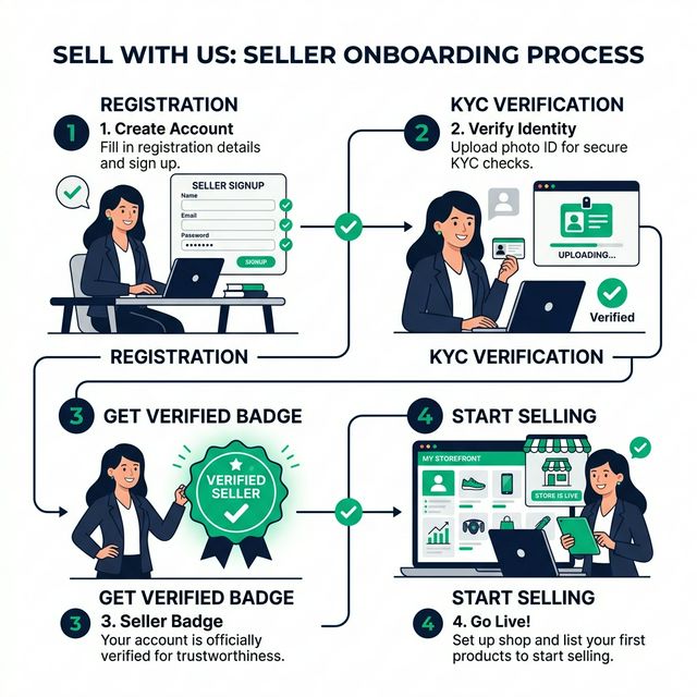 Minh họa quy trình đăng ký trở thành Seller trên TapHoaMMO V2 - Các bước: điền thông tin, xác minh KYC, nhận badge xác minh, mở gian hàng